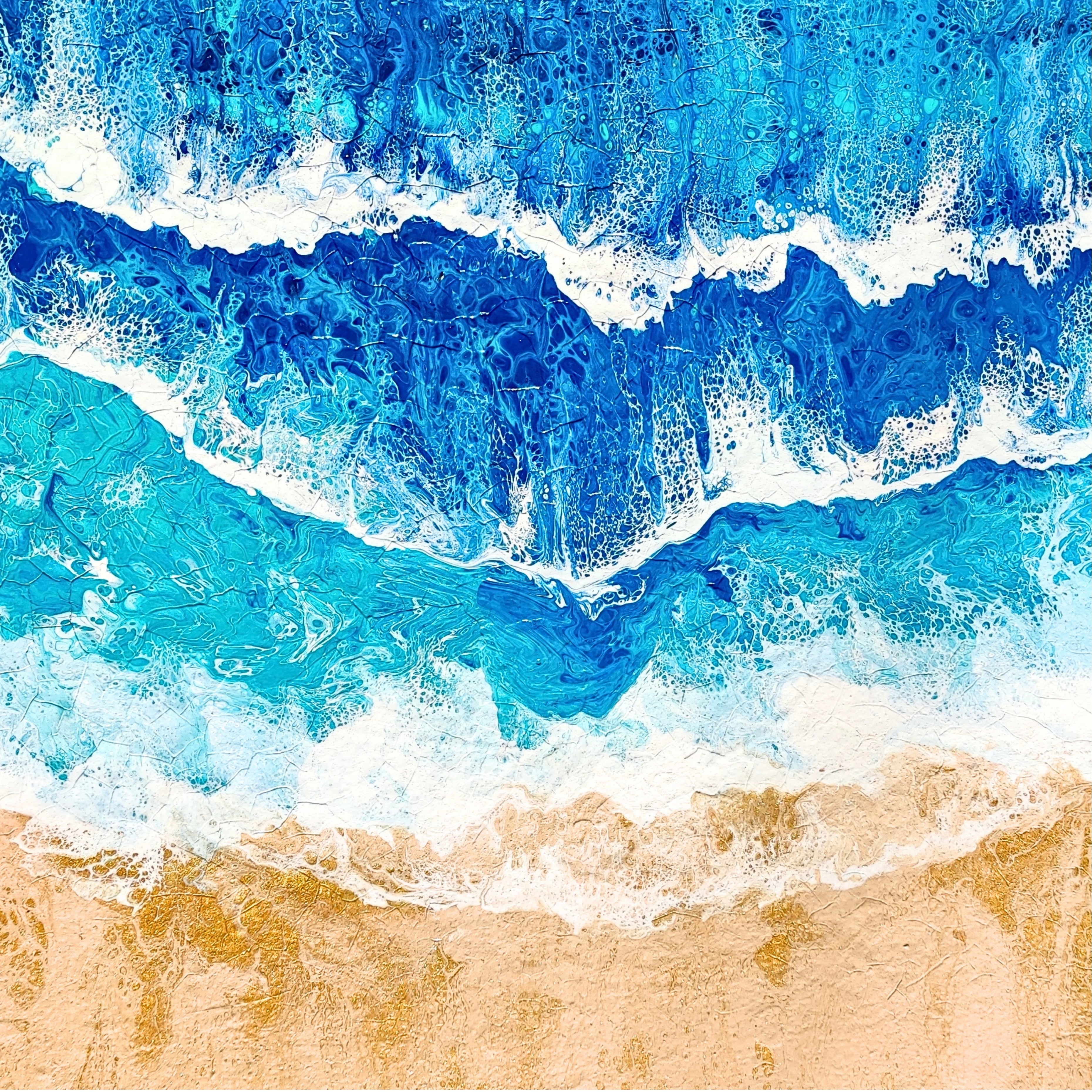 Artistic depiction of blue ocean waves crashing onto a sandy beach