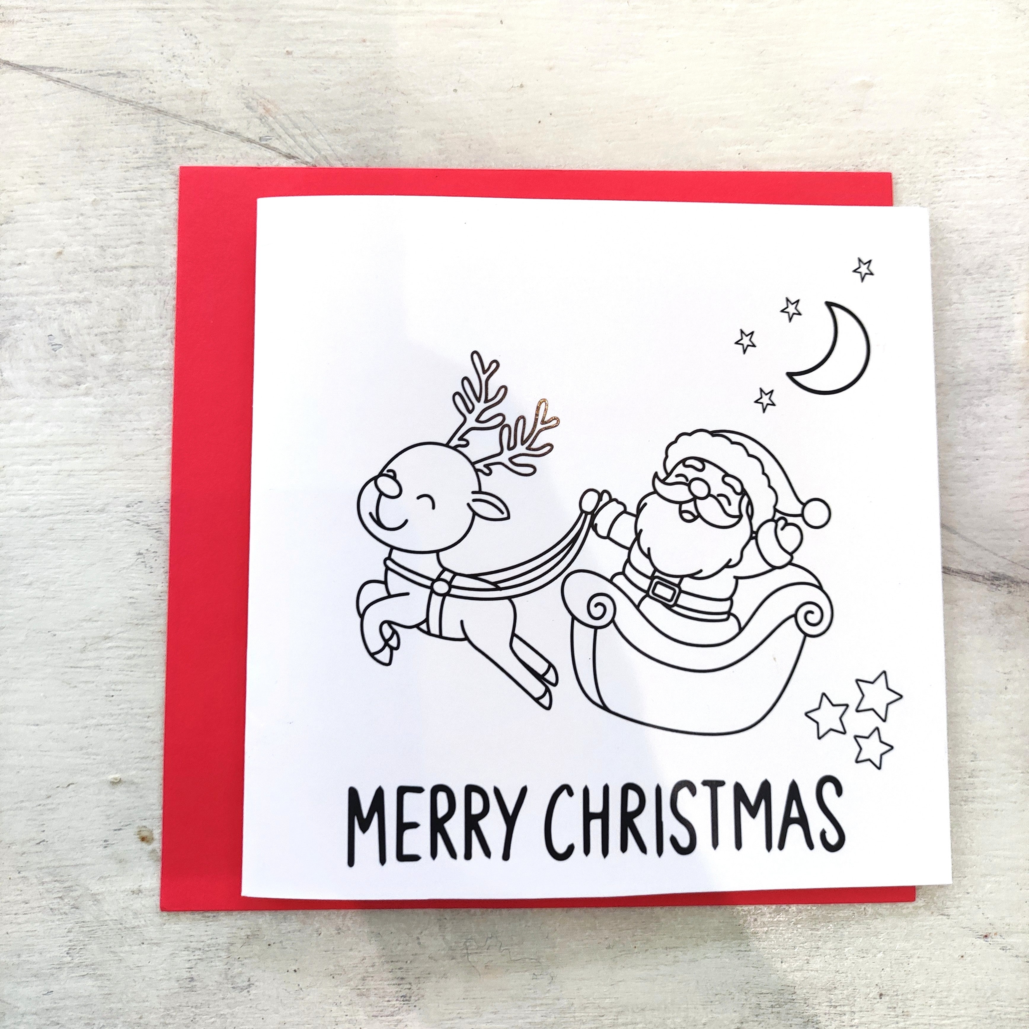 Santa & Reindeer | Christmas Coloring Card — Color It Yourself Festive Greeting Card