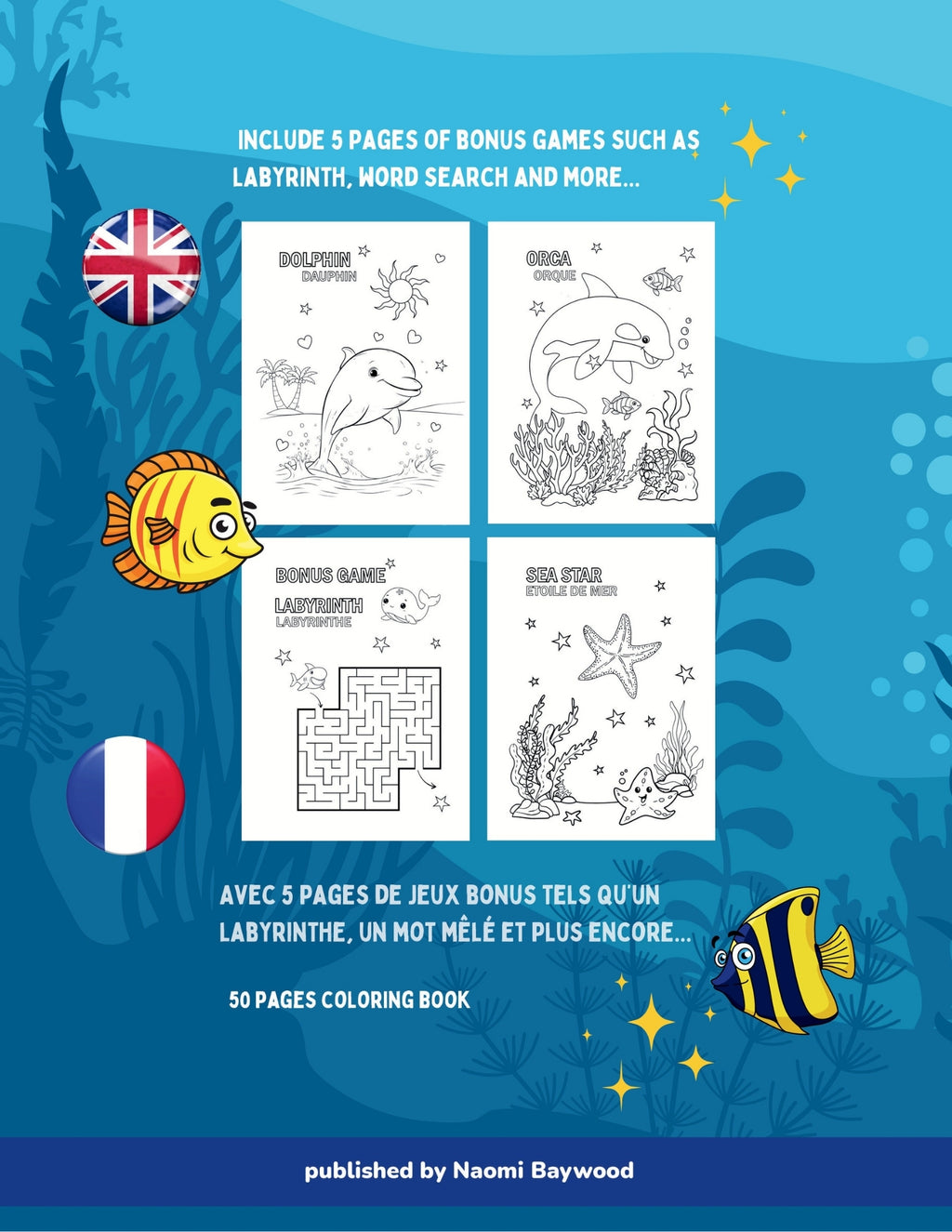 Coloring book cover with underwater theme, fish illustrations, and text about bonus games.
