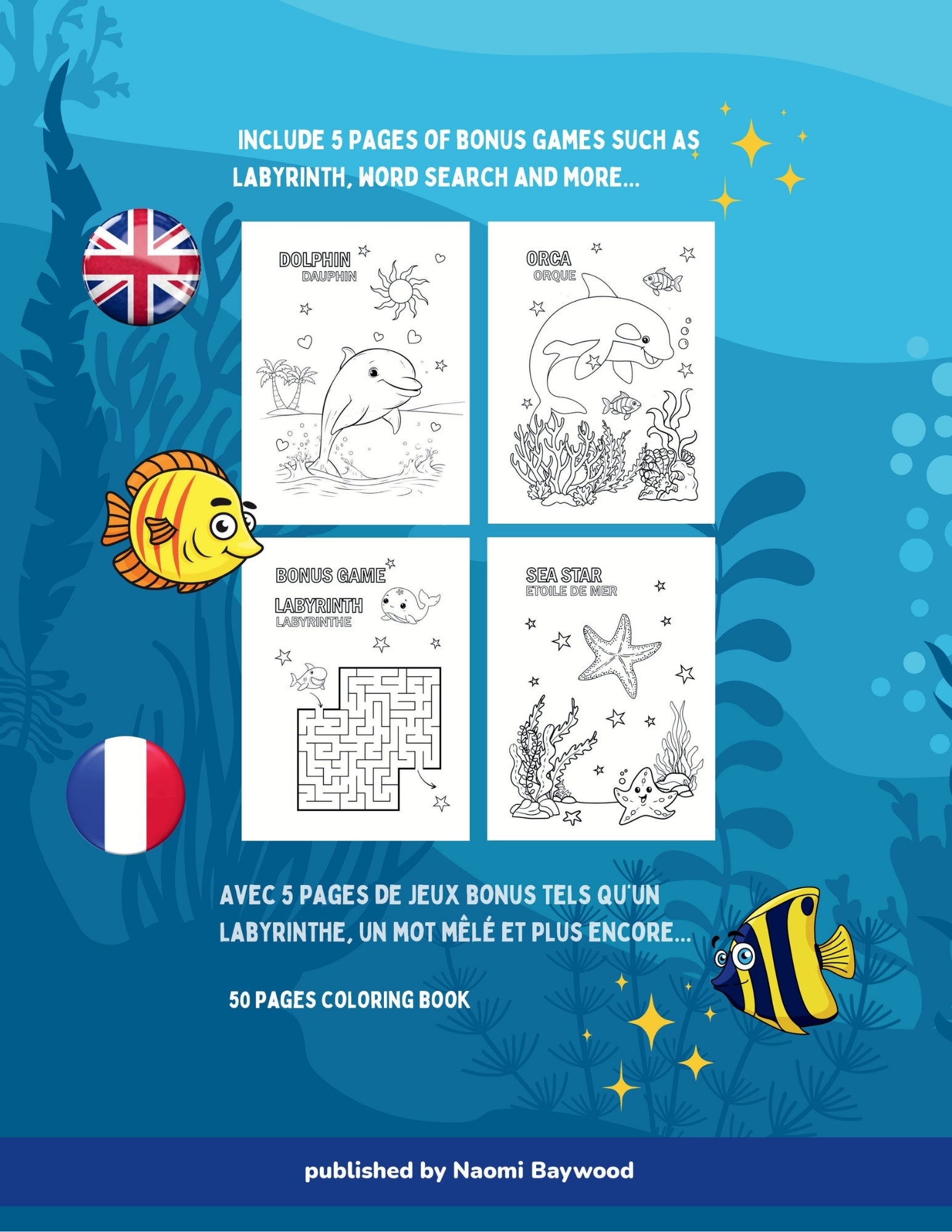 Coloring book cover with underwater theme, fish illustrations, and text about bonus games.