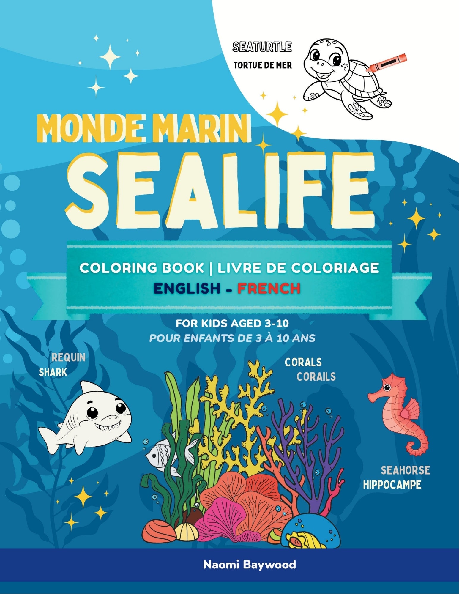 Coloring book cover for 'Sealife' with marine life illustrations and text in English and French.