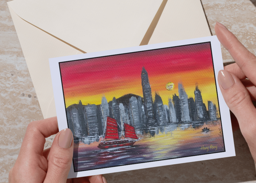 HK Sunset — Art Greeting Card | Original Oil Painting print | Leslie Lachiche