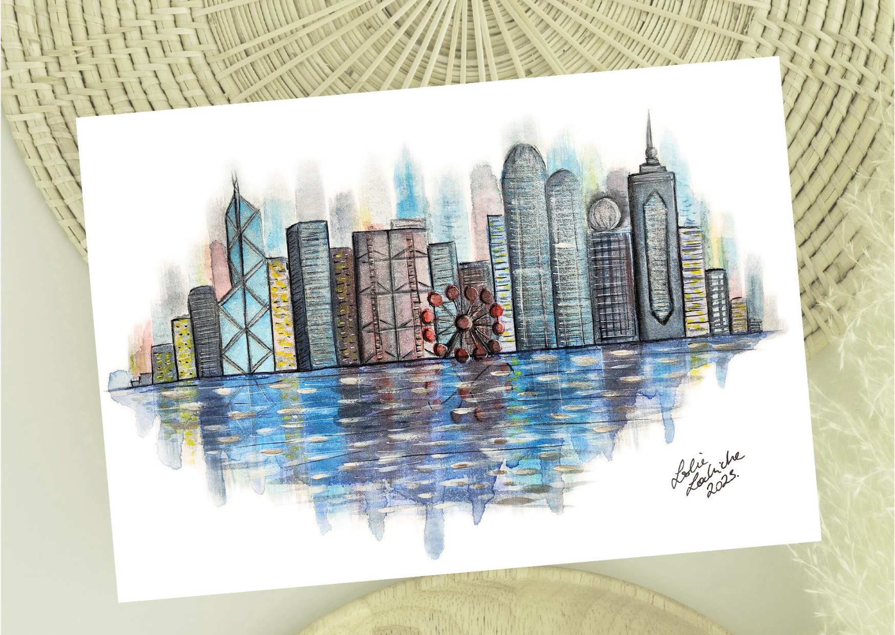 HK City — Art Greeting Card | Mixed Media Painting by Leslie Lachiche