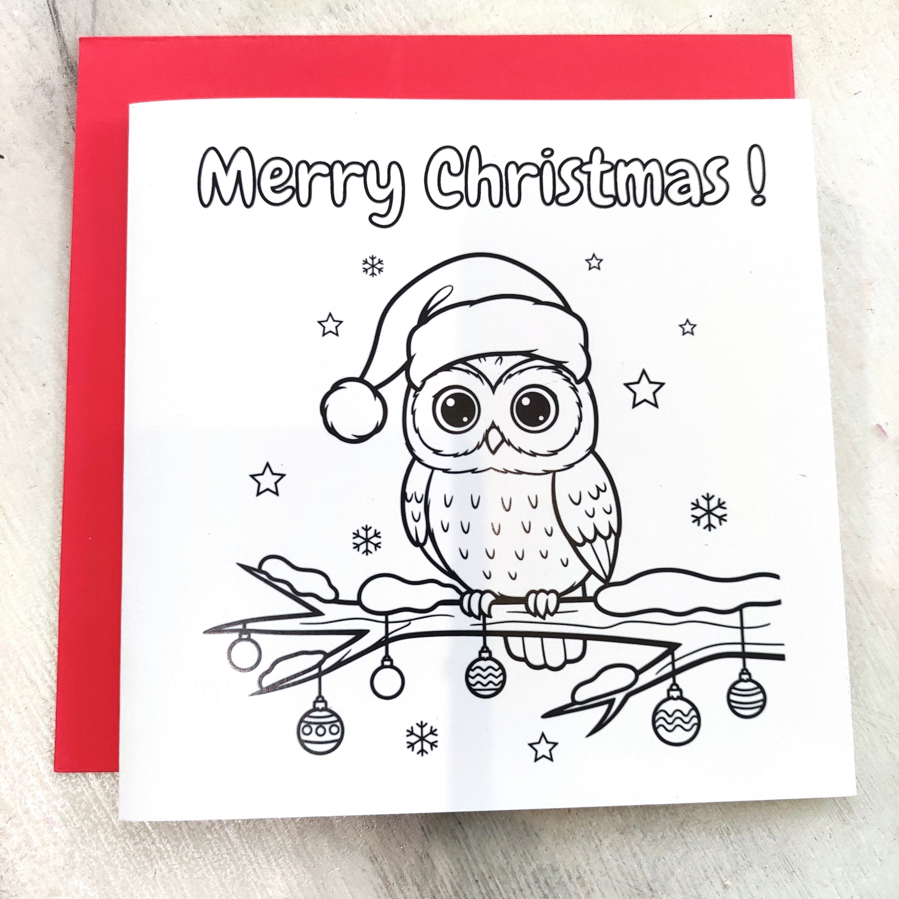 Owl | Christmas Coloring Card — Color It Yourself Festive Greeting Card