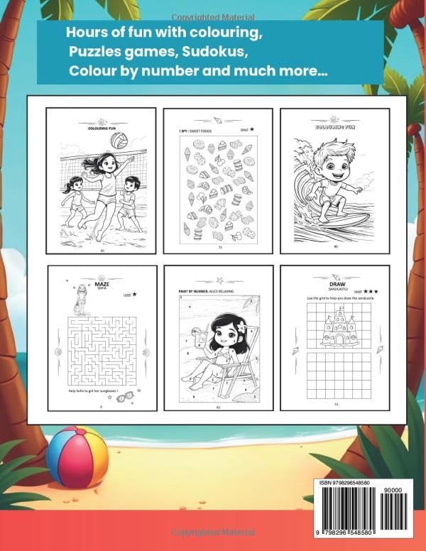 Back cover of a children's activity book with coloring pages and puzzles.