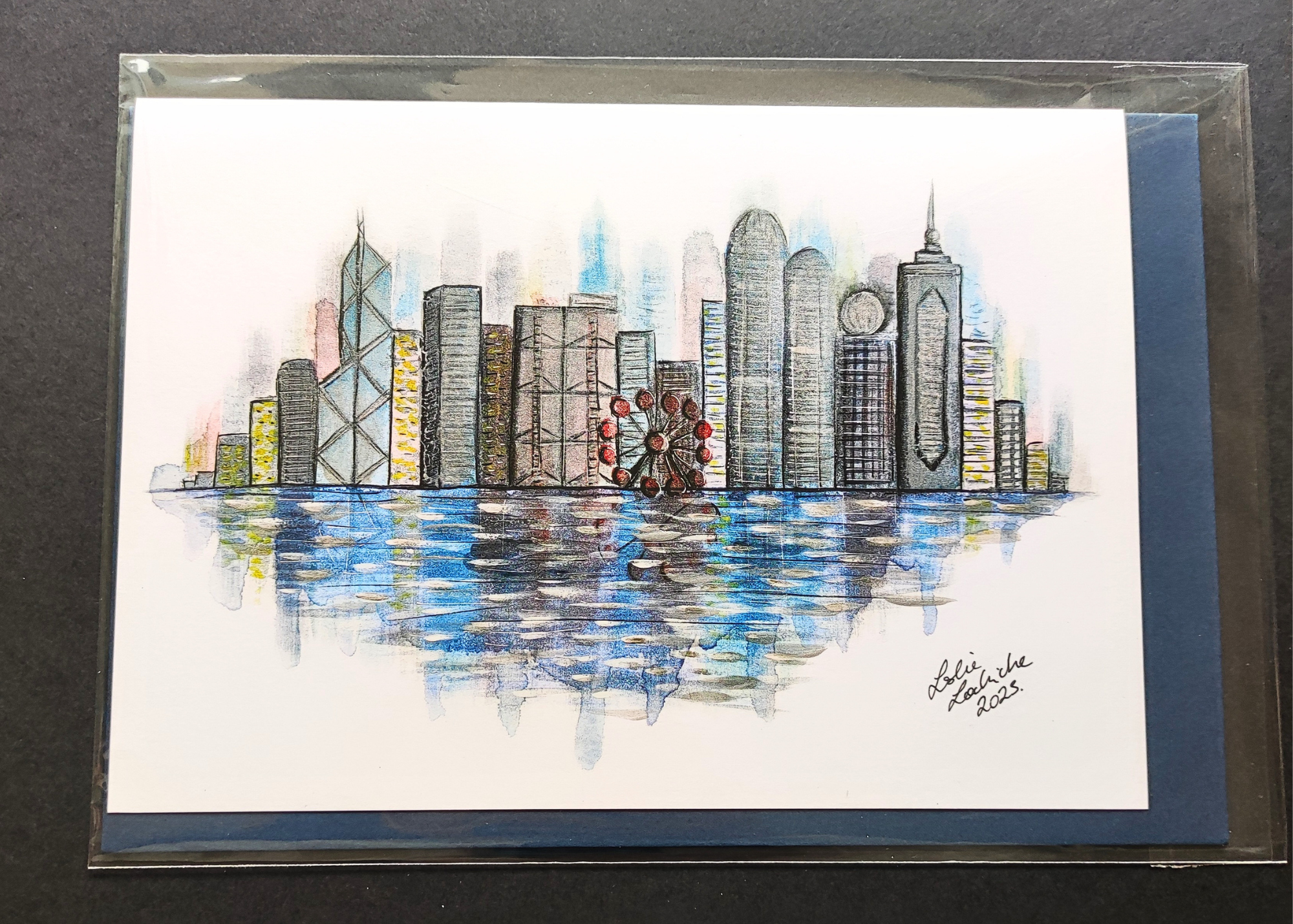 HK City — Art Greeting Card | Mixed Media Painting by Leslie Lachiche