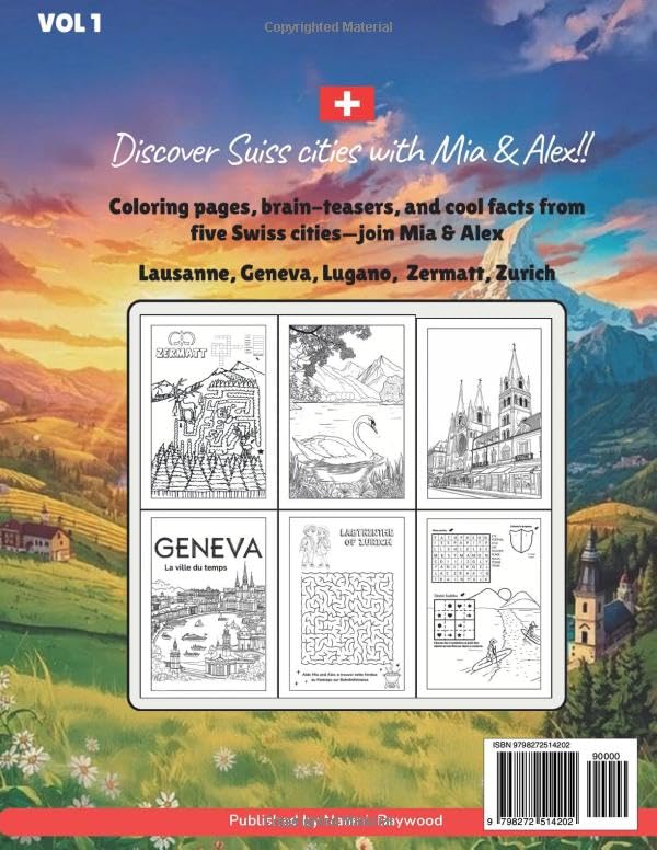 Coloring book cover with Swiss landscape and coloring pages of Geneva, featuring text about discovering Swiss cities.