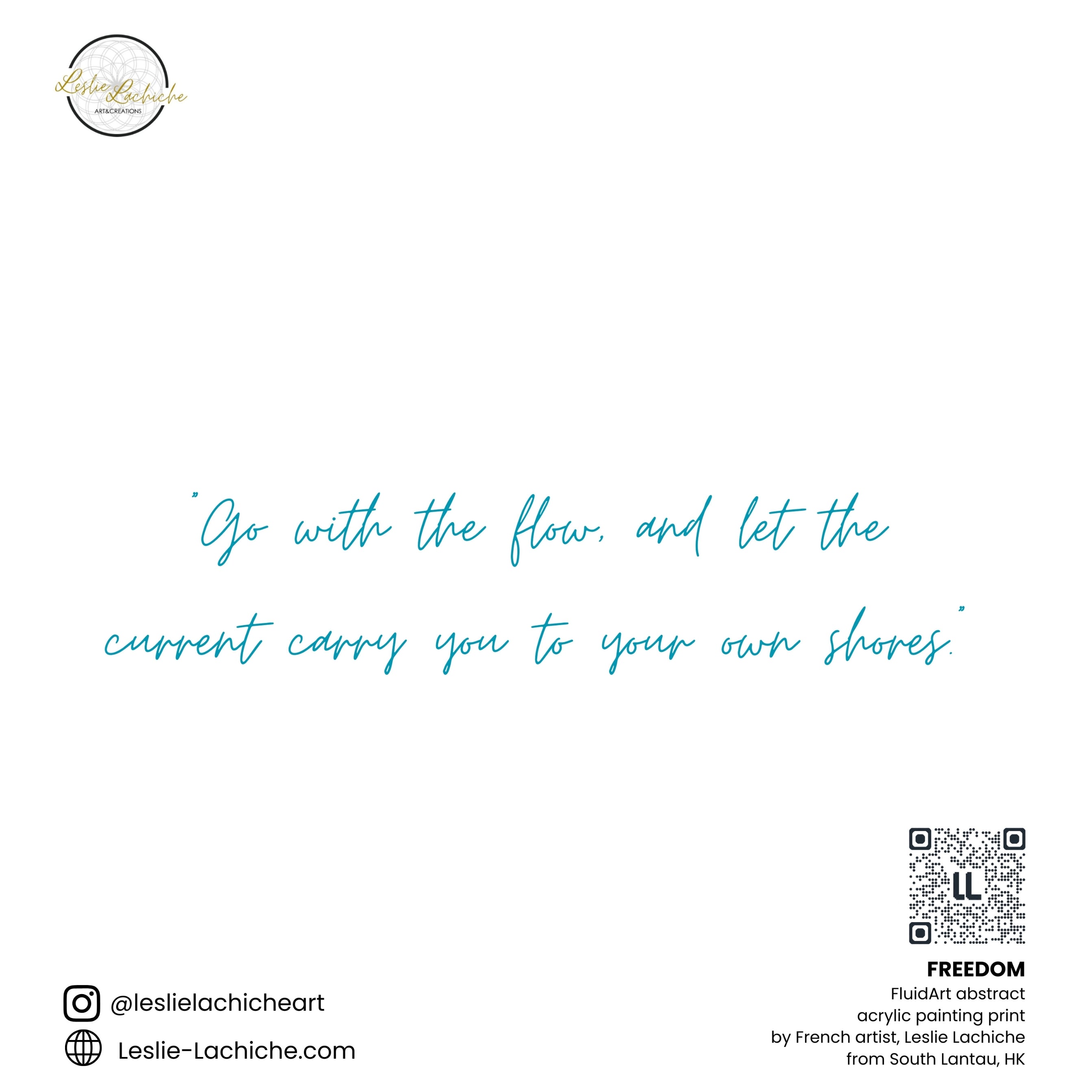 Motivational quote on a white background with a QR code and artist information.