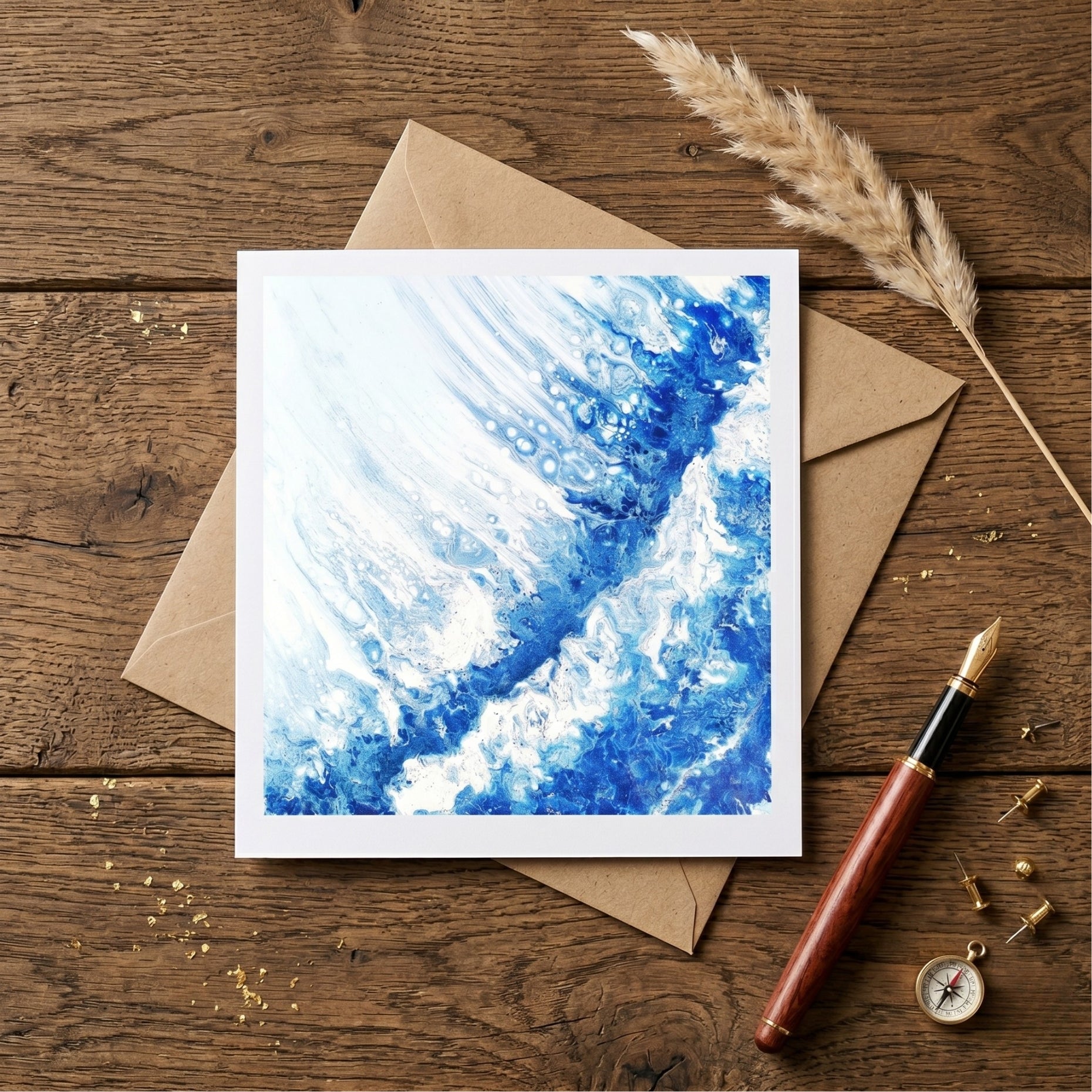 Greeting card with blue abstract design on a wooden surface with envelope and pen.