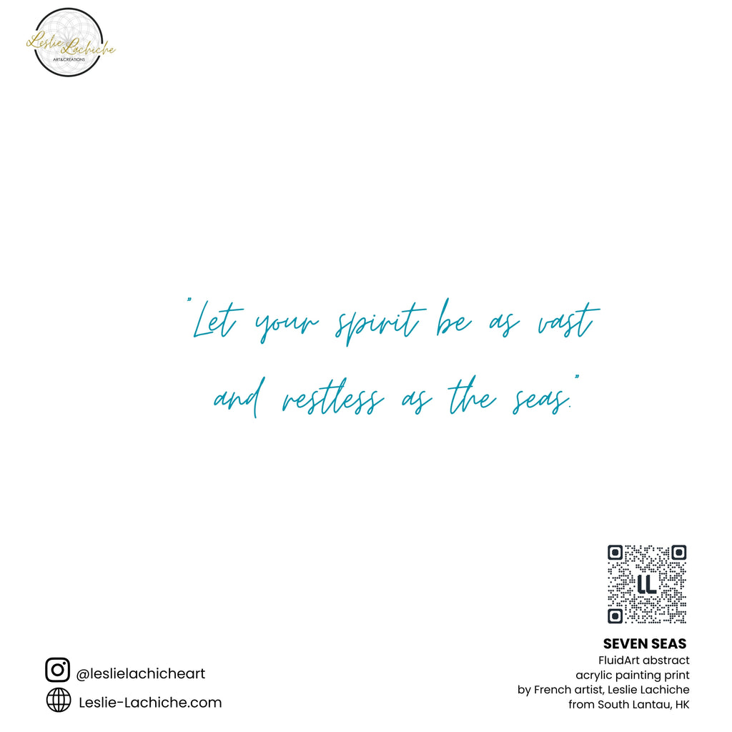 Motivational quote 'Let your spirit be as vast and restless as the seas' on the back with a QR code and branding information.
