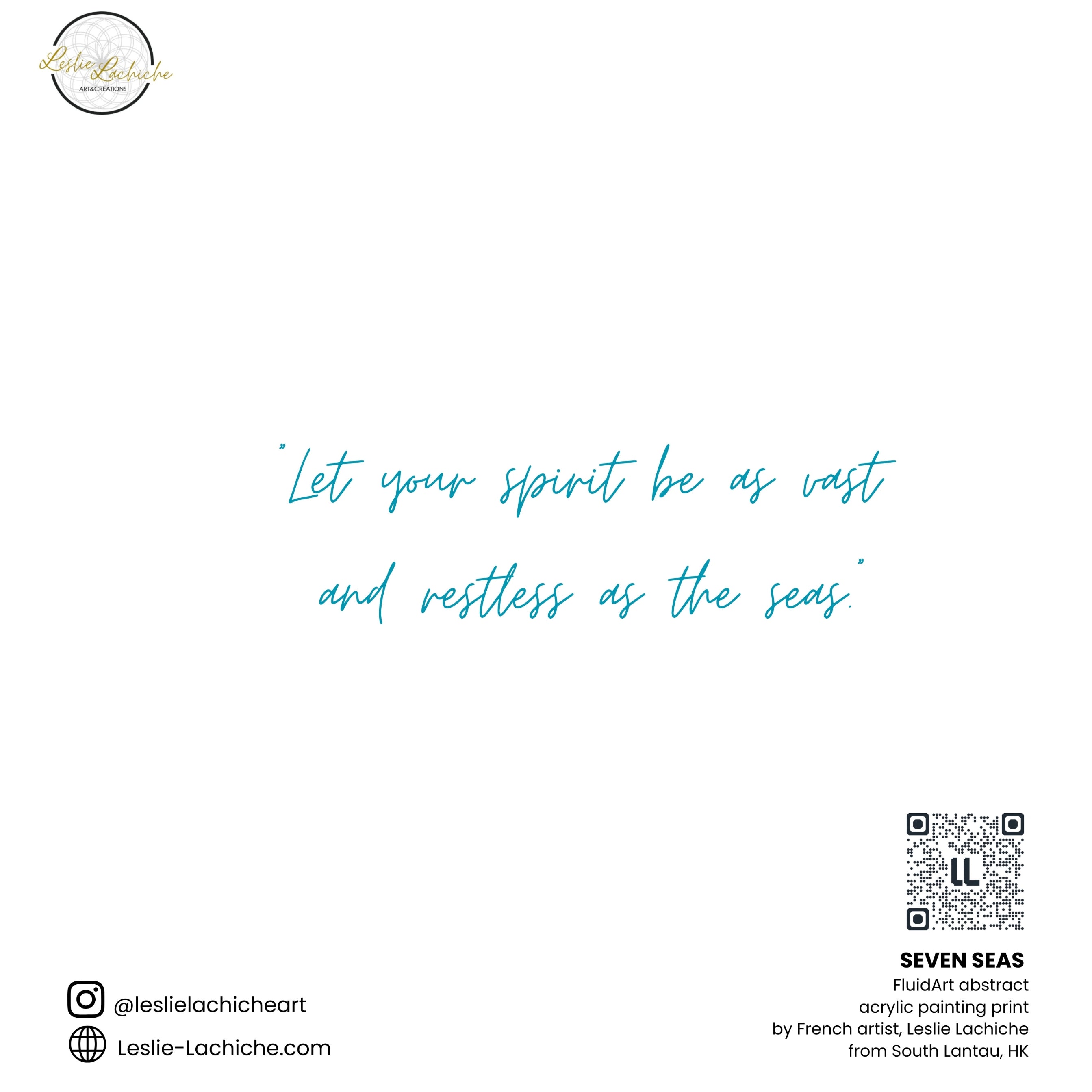 Motivational quote 'Let your spirit be as vast and restless as the seas' on the back with a QR code and branding information.