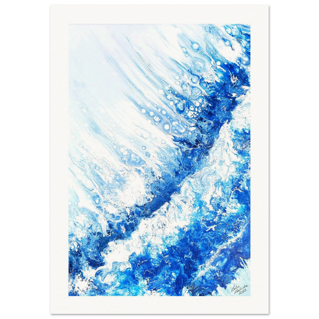 Abstract art piece with blue and white colors on a white background