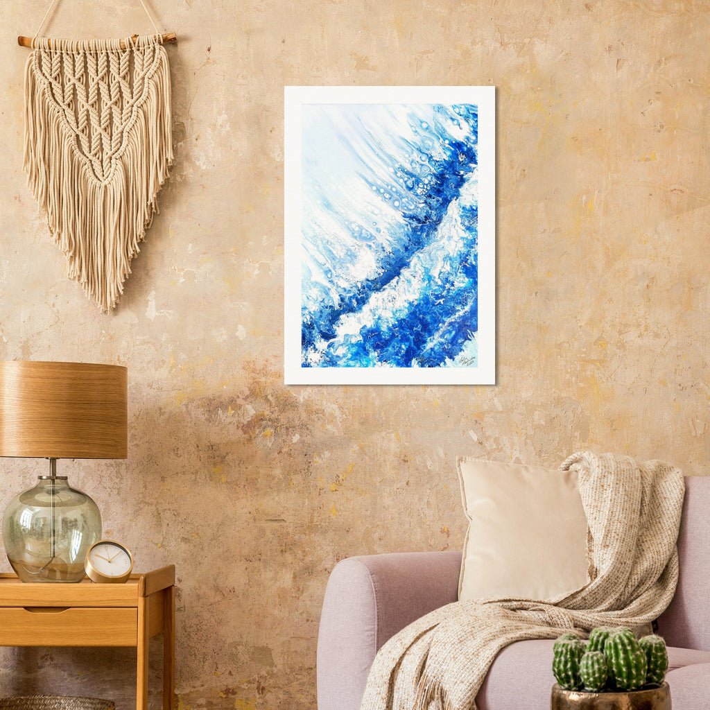 Living room with a abstract blue painting on the wall, a lamp, and a couch.