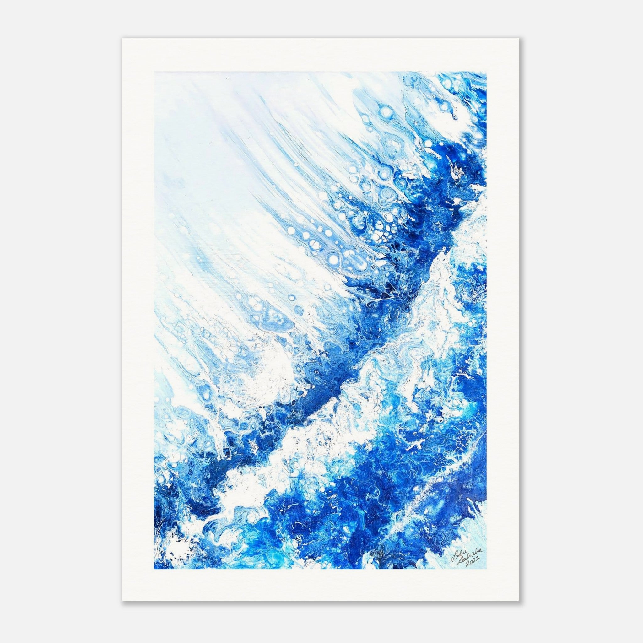Abstract art print with blue and white colors on a white background