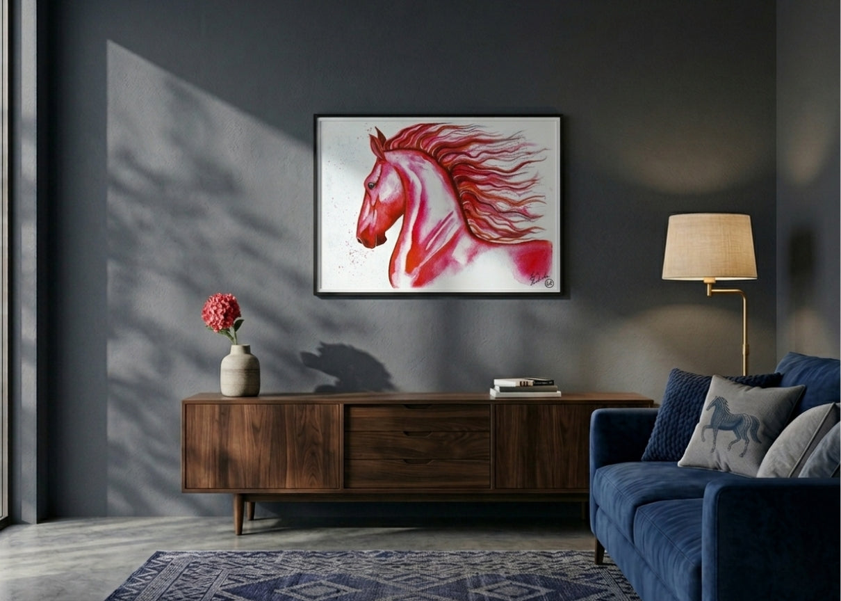 wall art red horse in a living room 