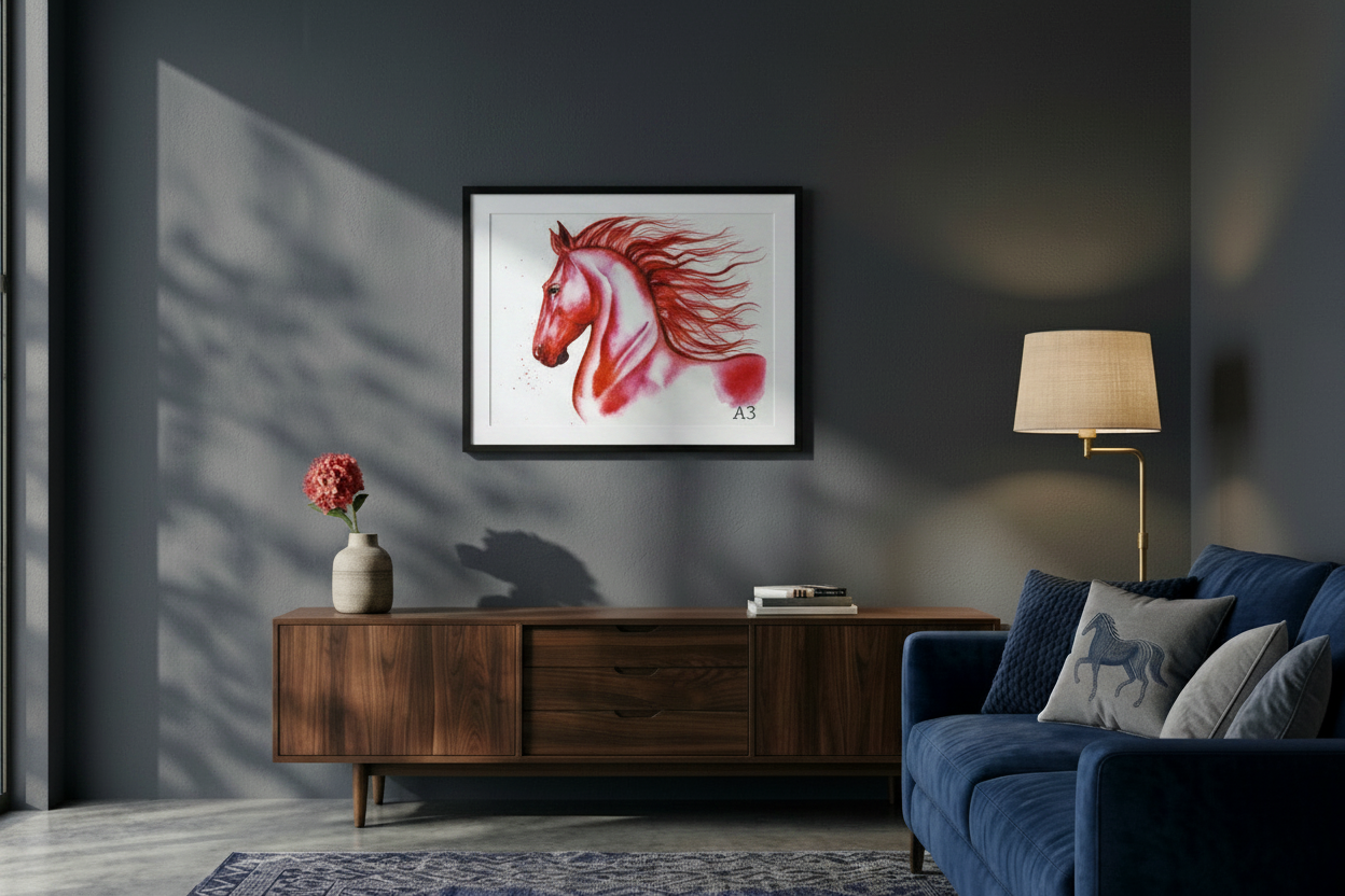 A3 art print red horse  in living rom 