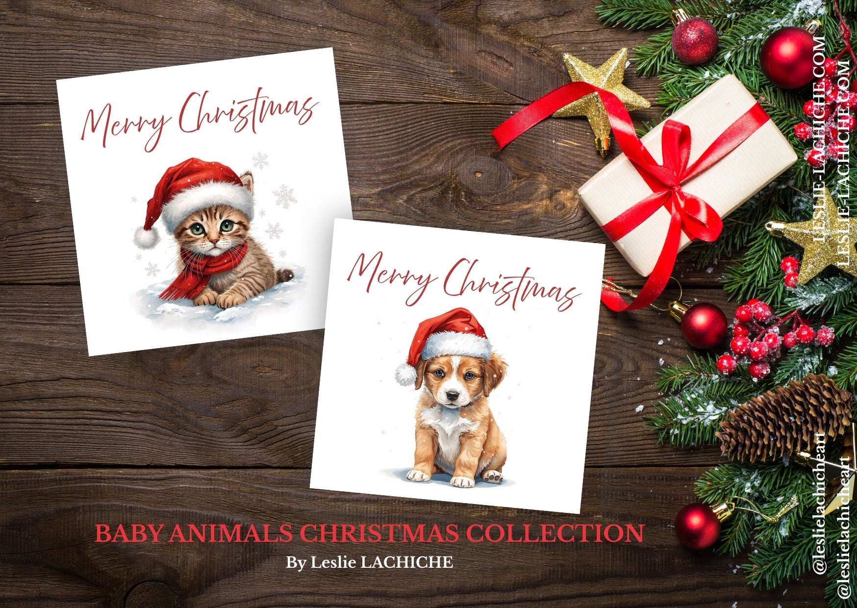 Two Christmas cards with a cat and a dog wearing Santa hats on a wooden surface with festive decorations.