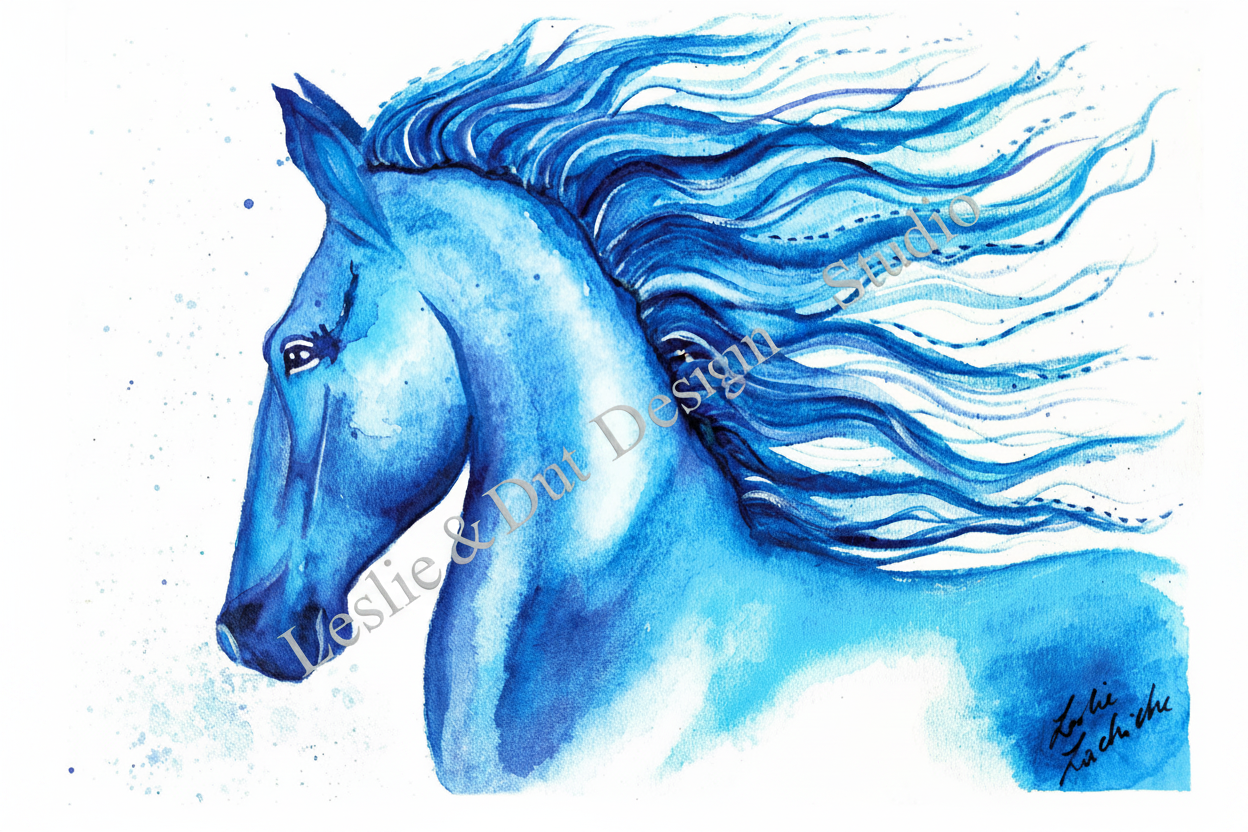 Blue horse painting with a flowing mane on a white background