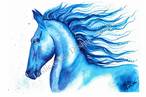 Blue horse painting with a flowing mane on a white background