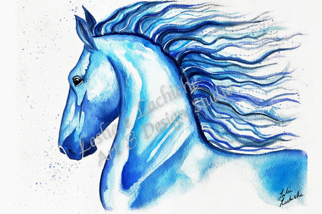 Blue horse painting with flowing mane on a white background