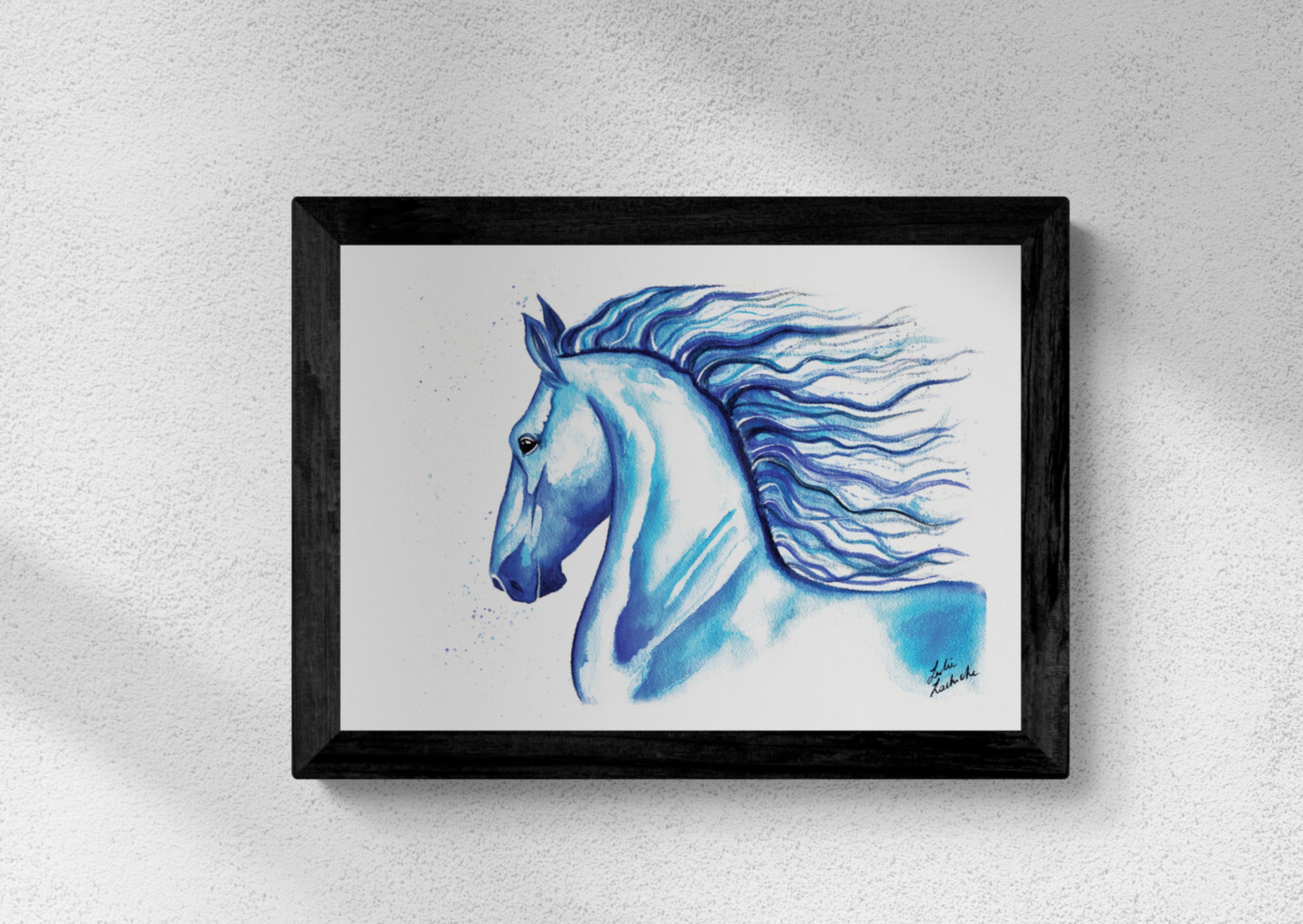 Framed artwork of a blue horse on a textured gray wall