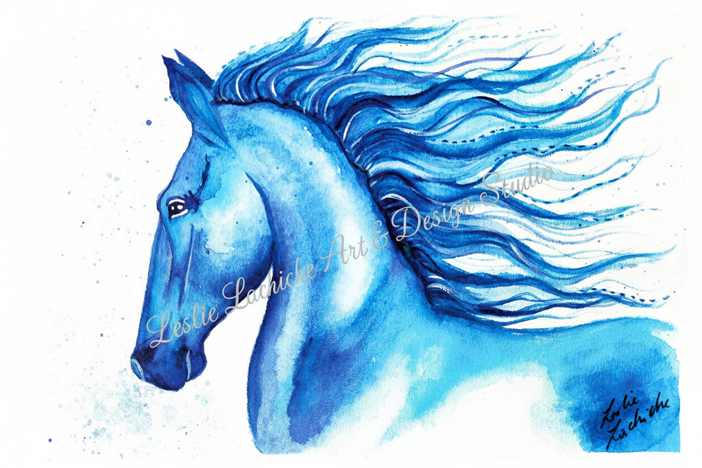 Blue horse with flowing mane on a white background