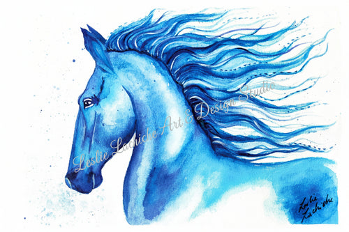 Blue horse with flowing mane on a white background