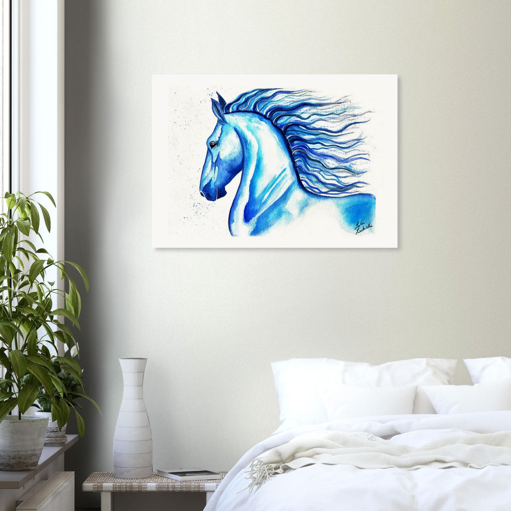 Blue horse painting on a wall in a bedroom setting