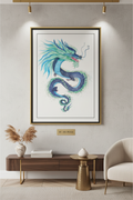 Framed artwork of a blue dragon on a wall in a modern living room.