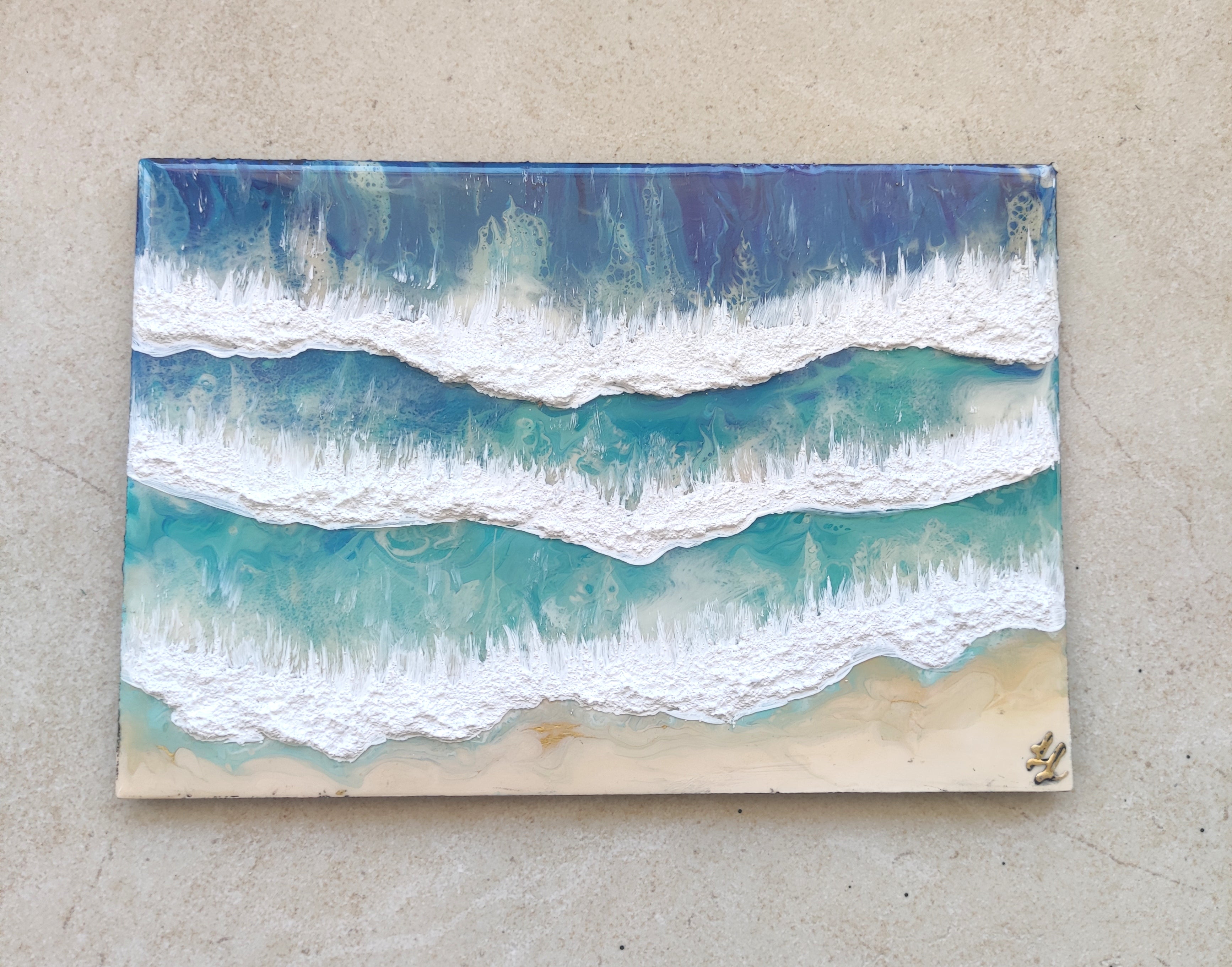 Artistic depiction of ocean waves on a textured surface