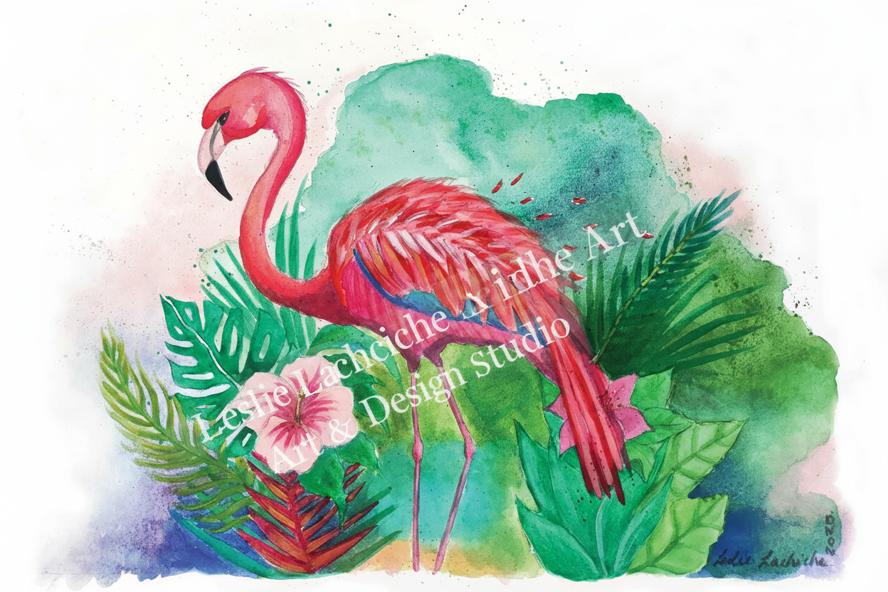 Colorful illustration of a flamingo among tropical leaves and flowers on a watercolor background.