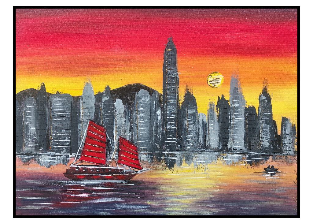 City skyline with a red sailboat at sunset