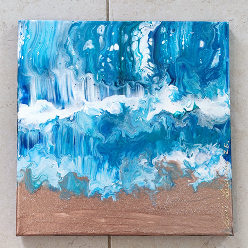 Abstract painting with blue and white strokes on a textured surface