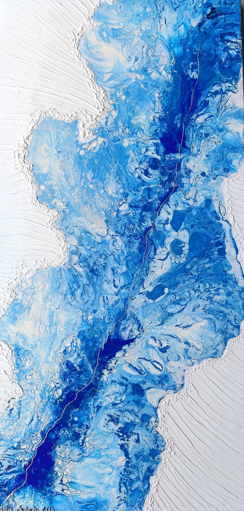 Abstract art piece with blue and white colors