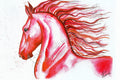 Illustration d'une tête de cheval rouge avec une crinière flottante sur un fond blanc
