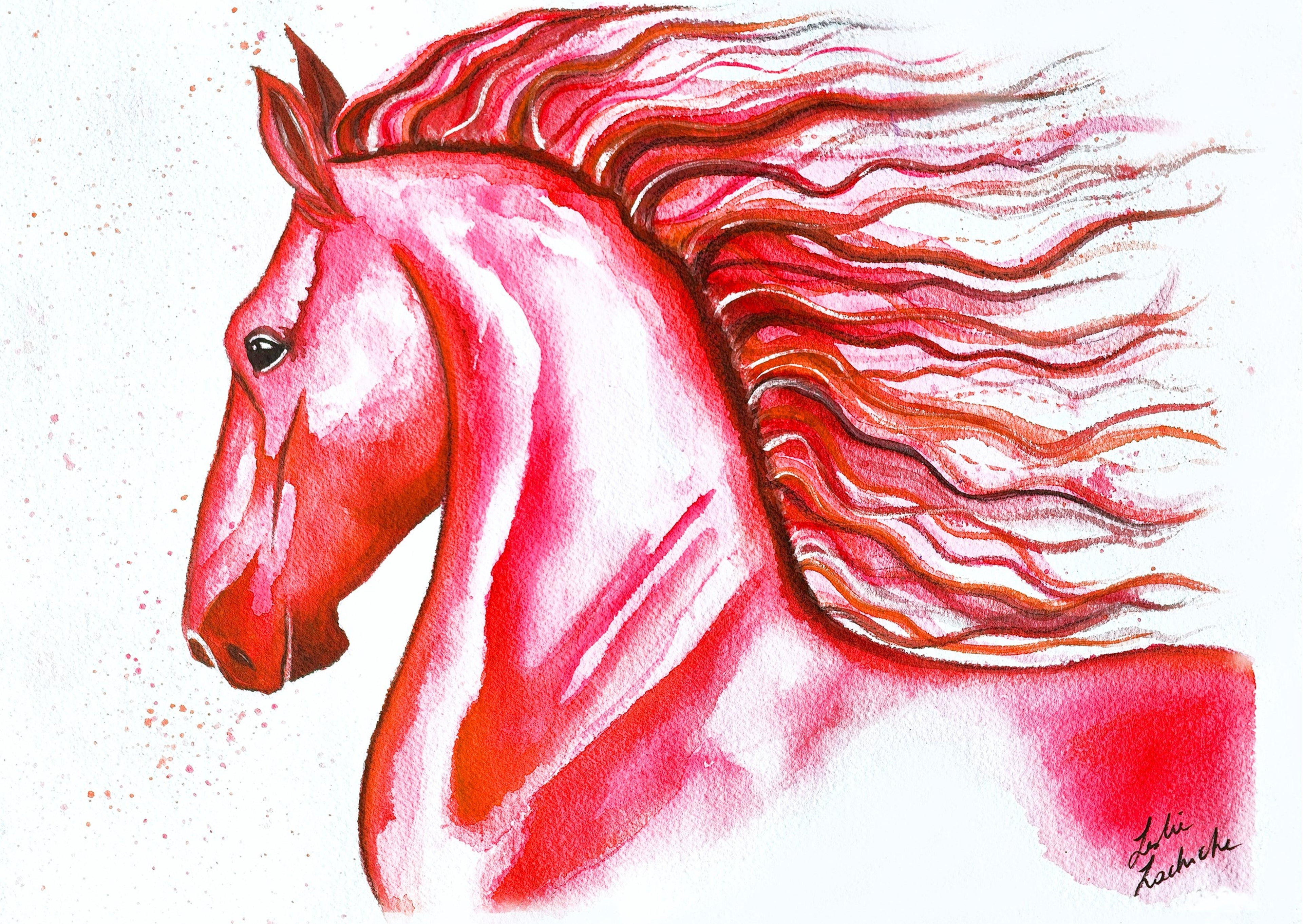 Red horse head illustration with flowing mane on a white background