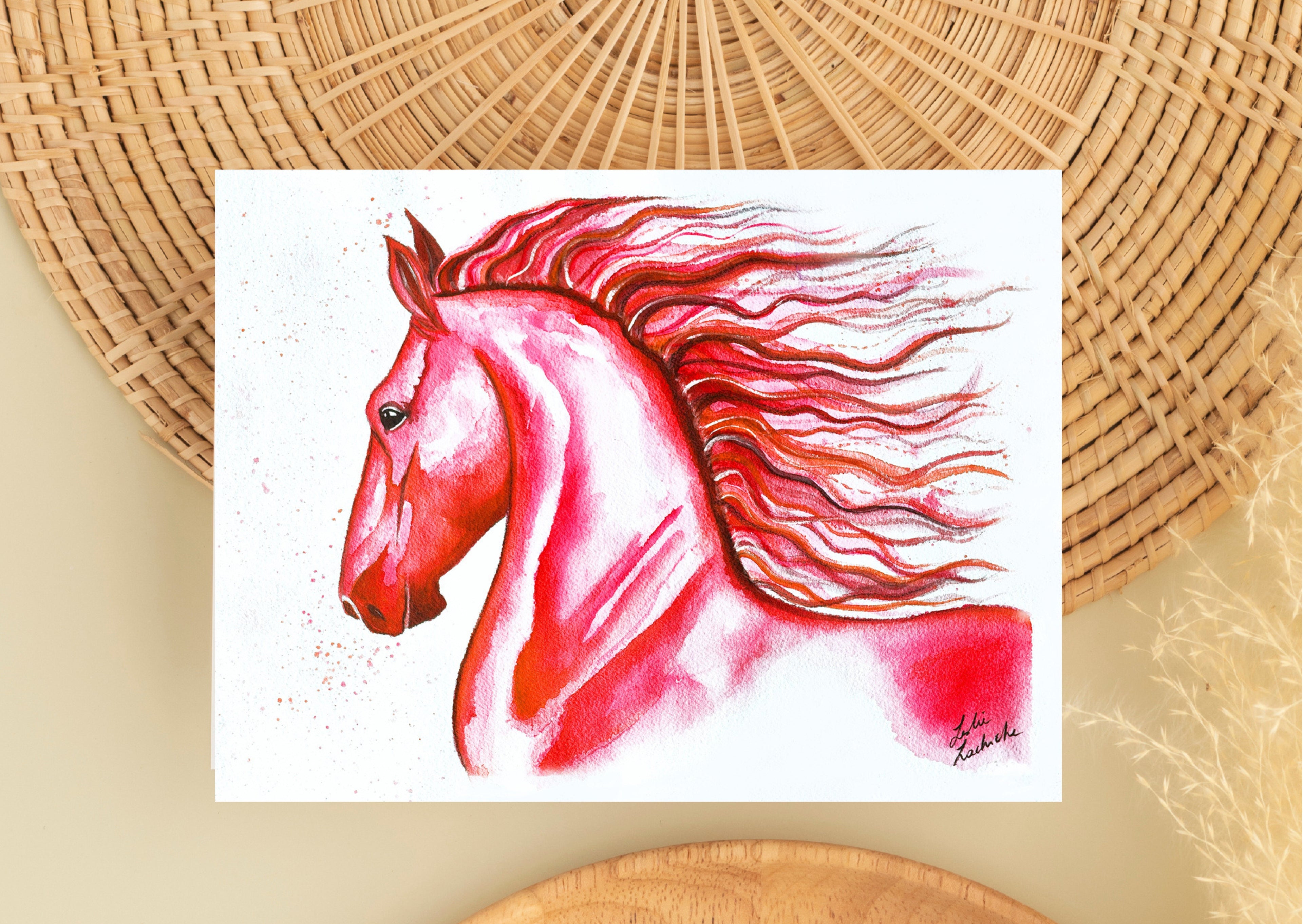 Red horse painting on a white background with a woven mat underneath
