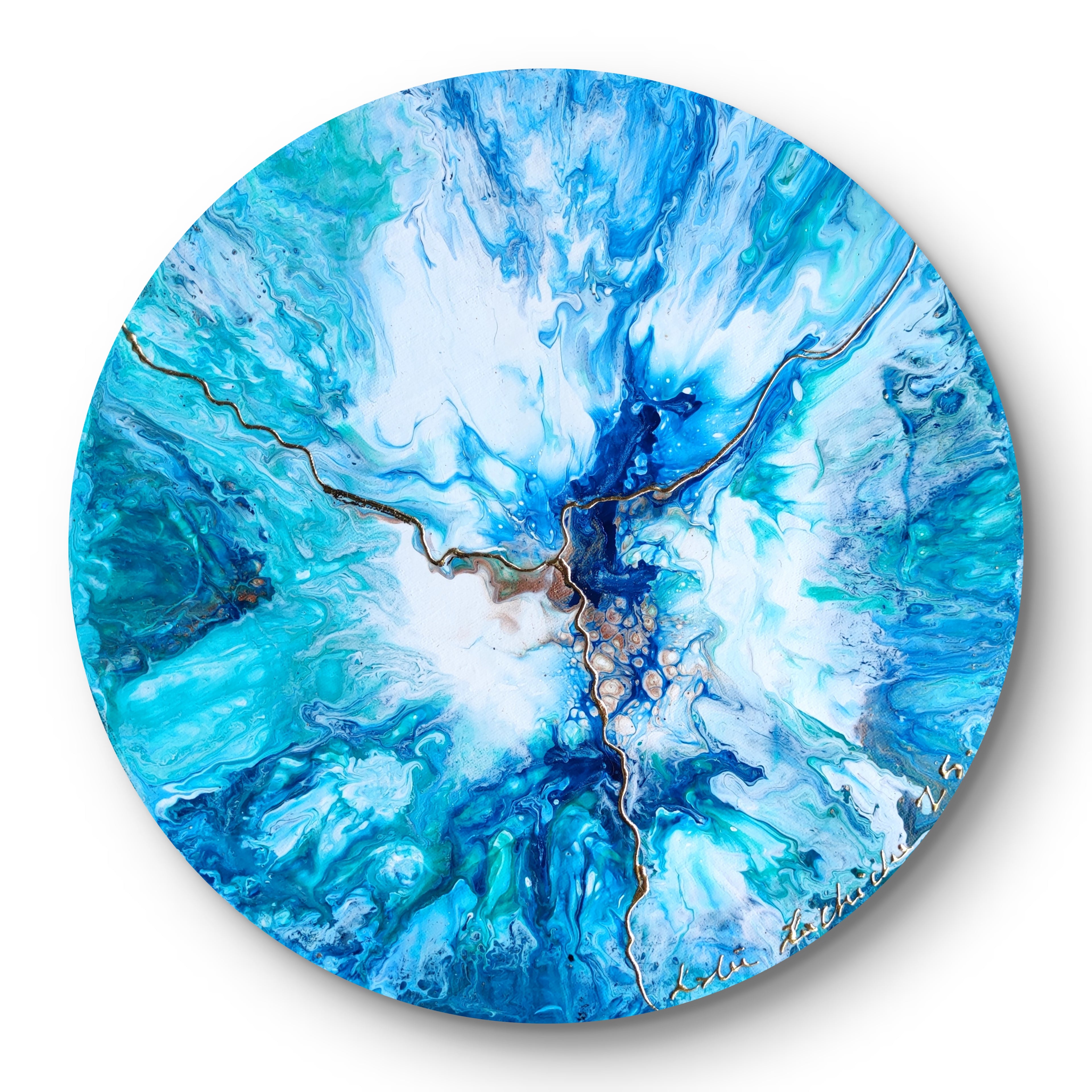 Sea Dragon — Original Fluid Art Painting with Gold Foil on Circular Canvas