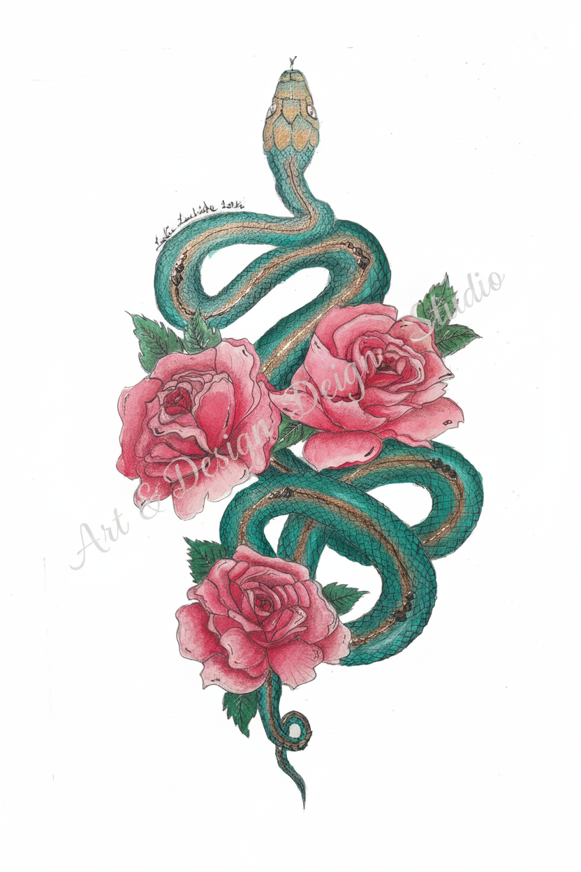 Decorative design of a snake coiled around pink roses on a white background