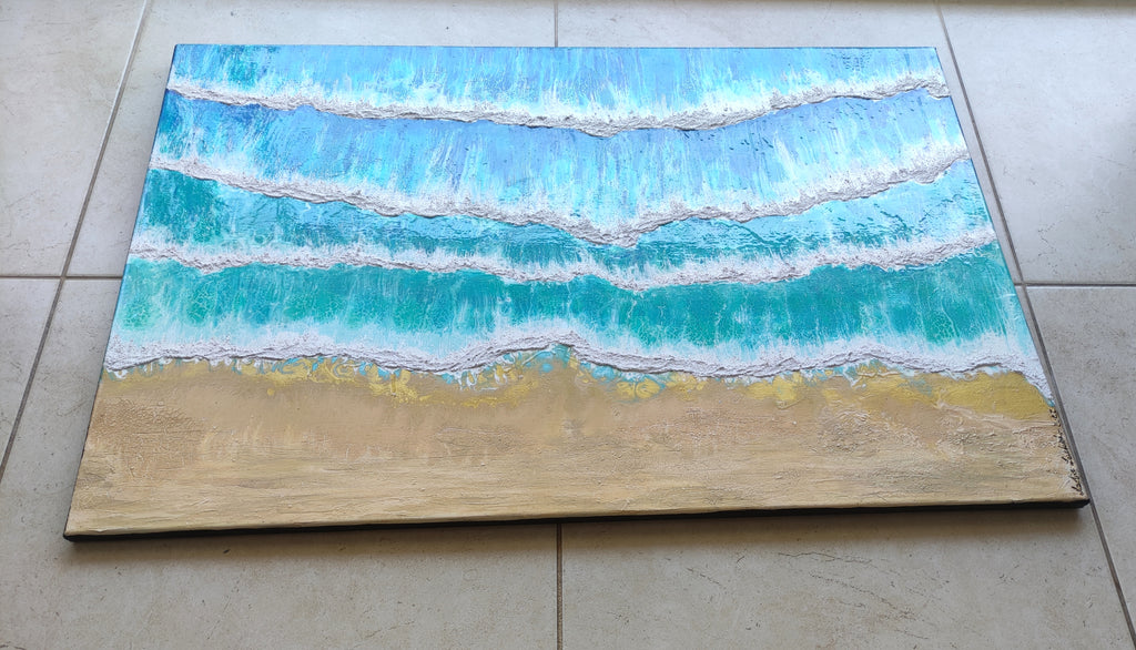 Abstract painting of blue and white waves on a wooden panel