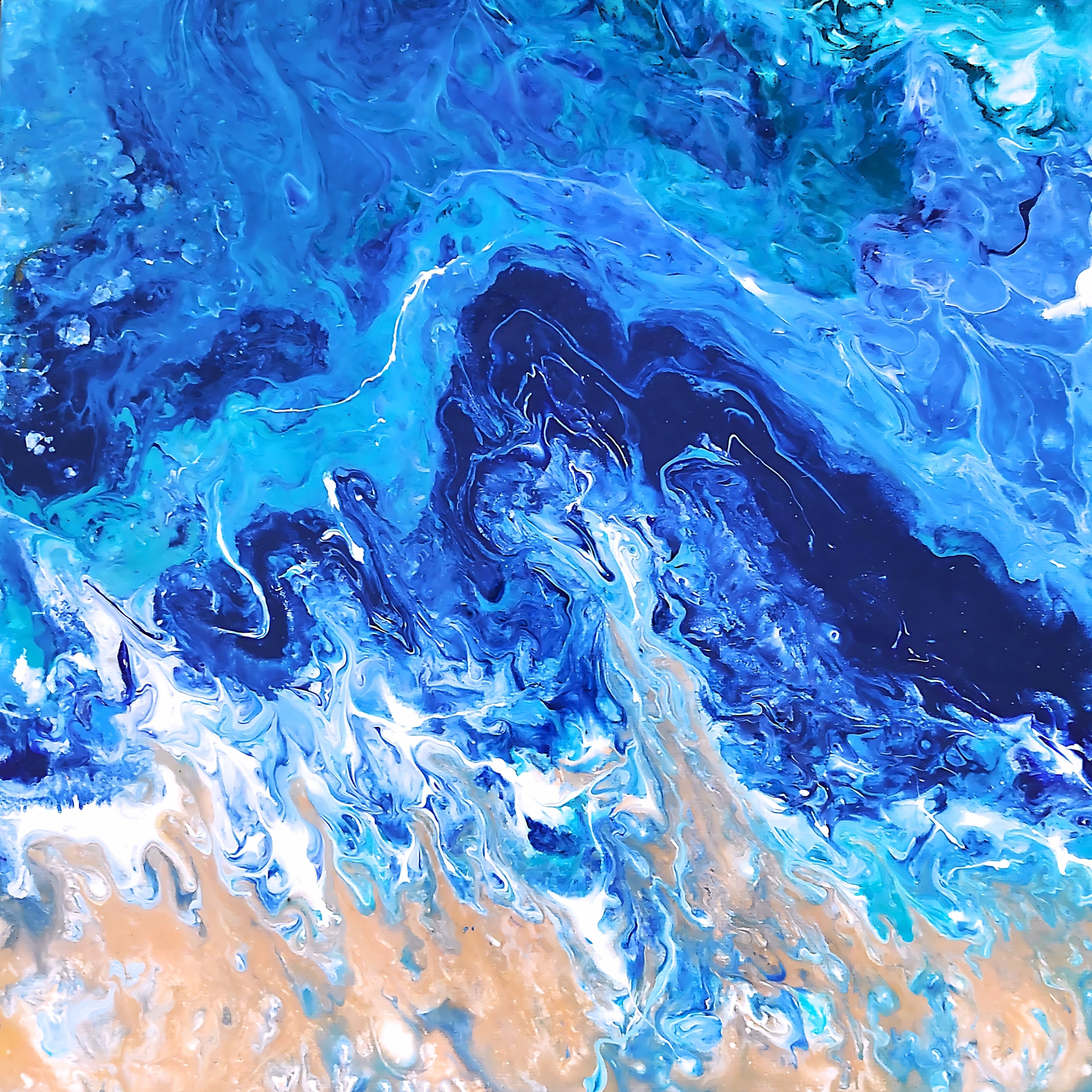 Abstract artwork with swirling blue and orange colors