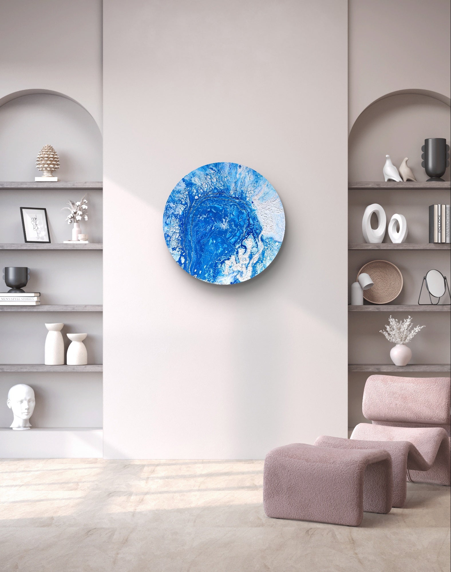 Water Sprinkle — Original Fluid Art Painting with Texture Paste on Round Canvas | OCEAN Collection