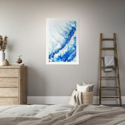 Room interior with a abstract blue painting on the wall, wooden ladder, and dresser.