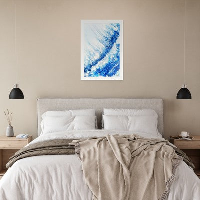 Bedroom with a bed, nightstands, and a wall art piece.
