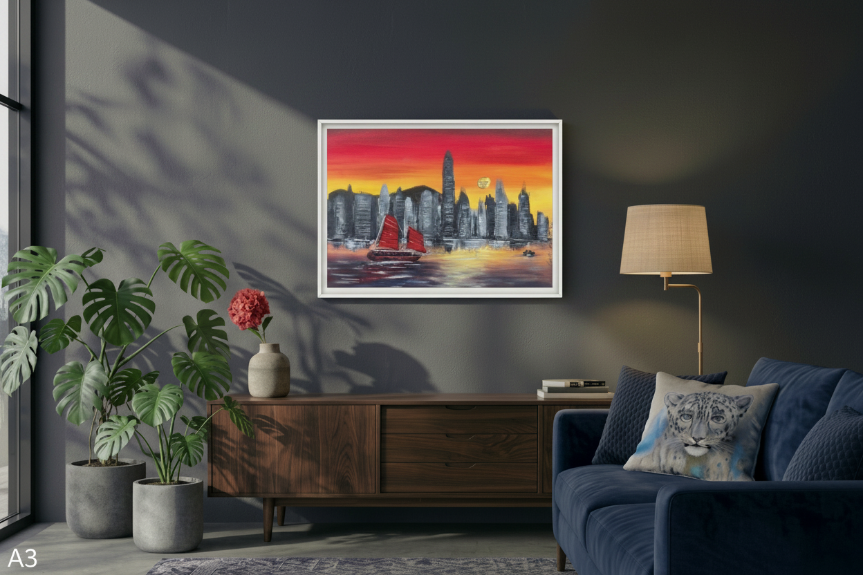 Living room with a cityscape painting on the wall, blue sofa, and decorative plants.