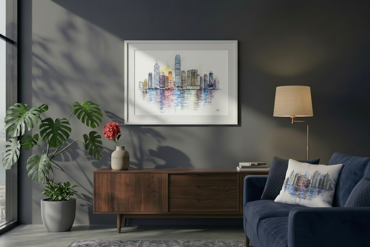 A3 art print hk city in living rom 