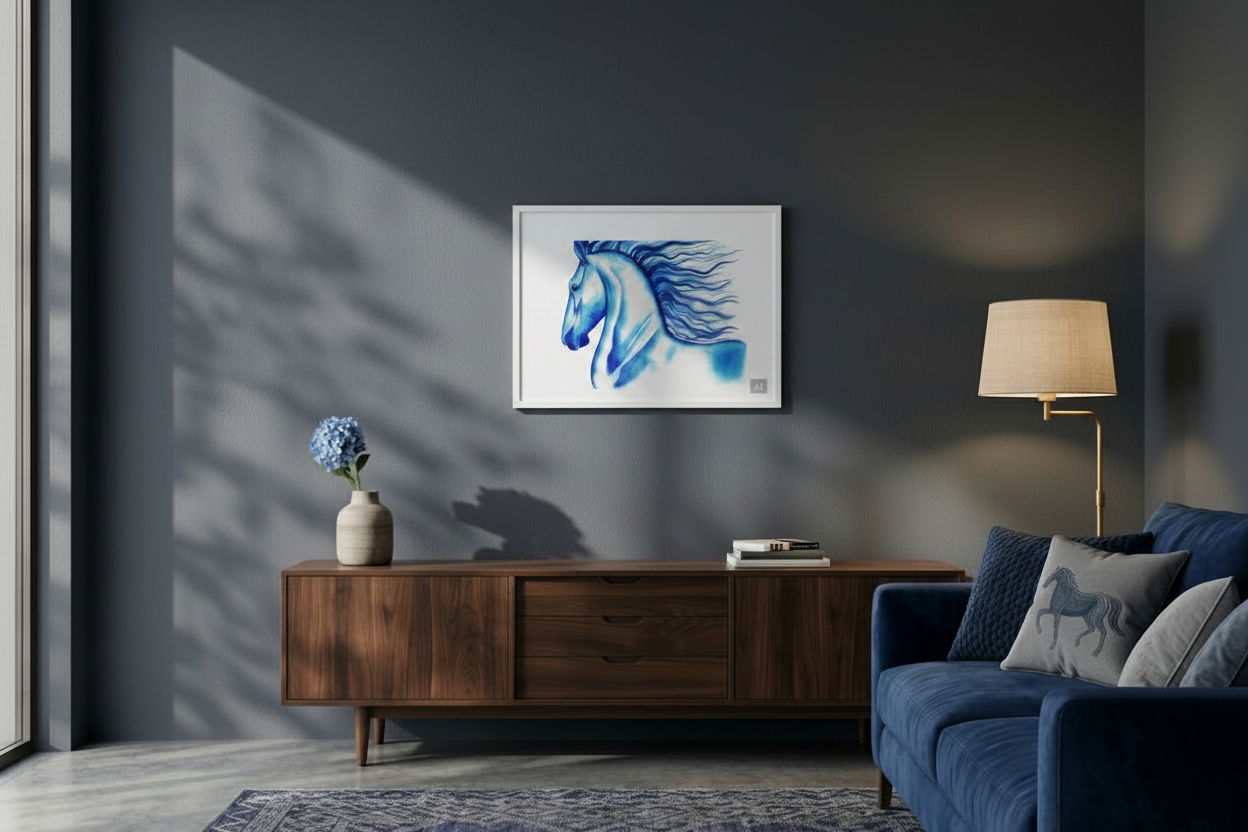 Living room with a blue horse painting on the wall, wooden sideboard, and blue sofa.