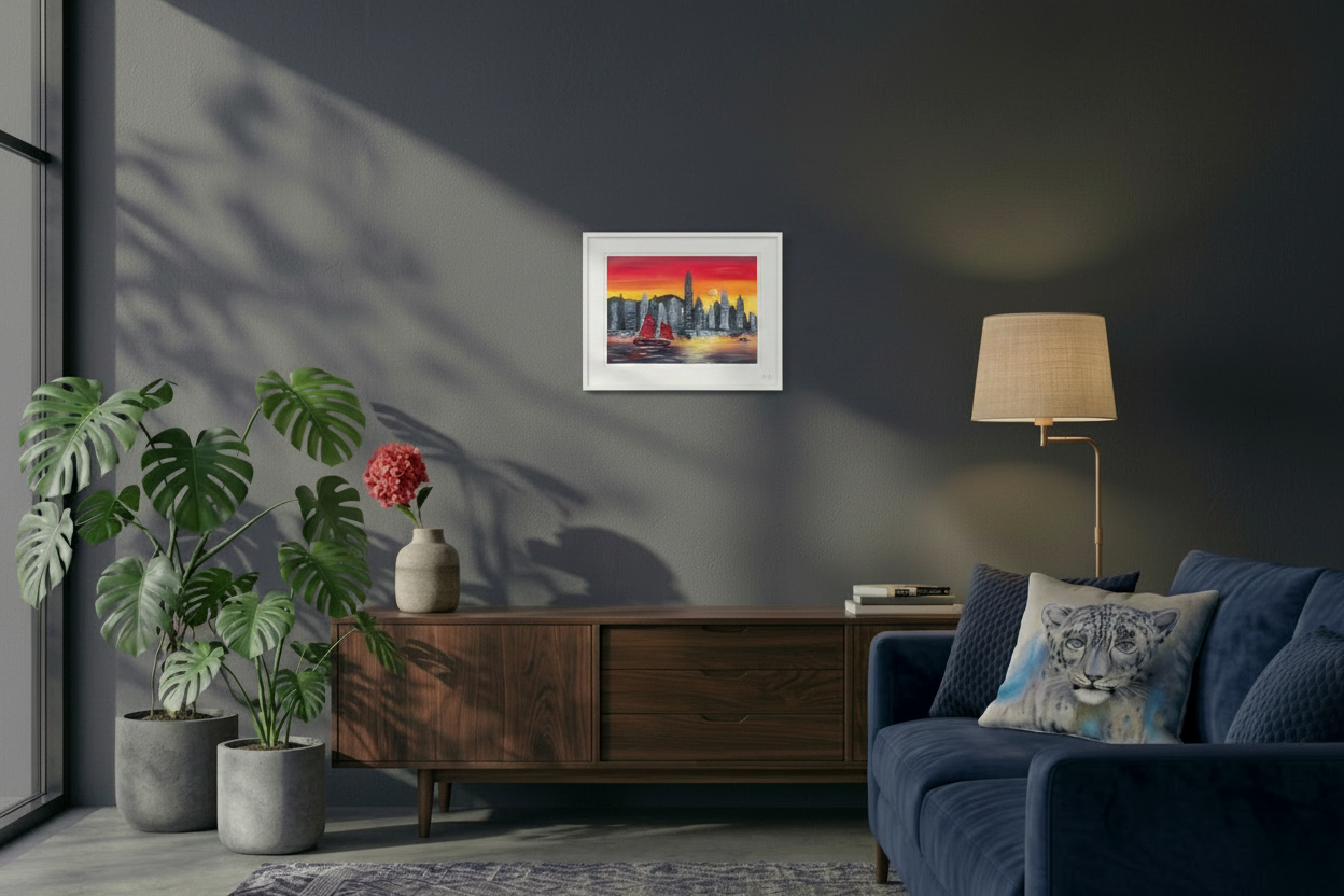 hk sunset A4 wall art in a living room