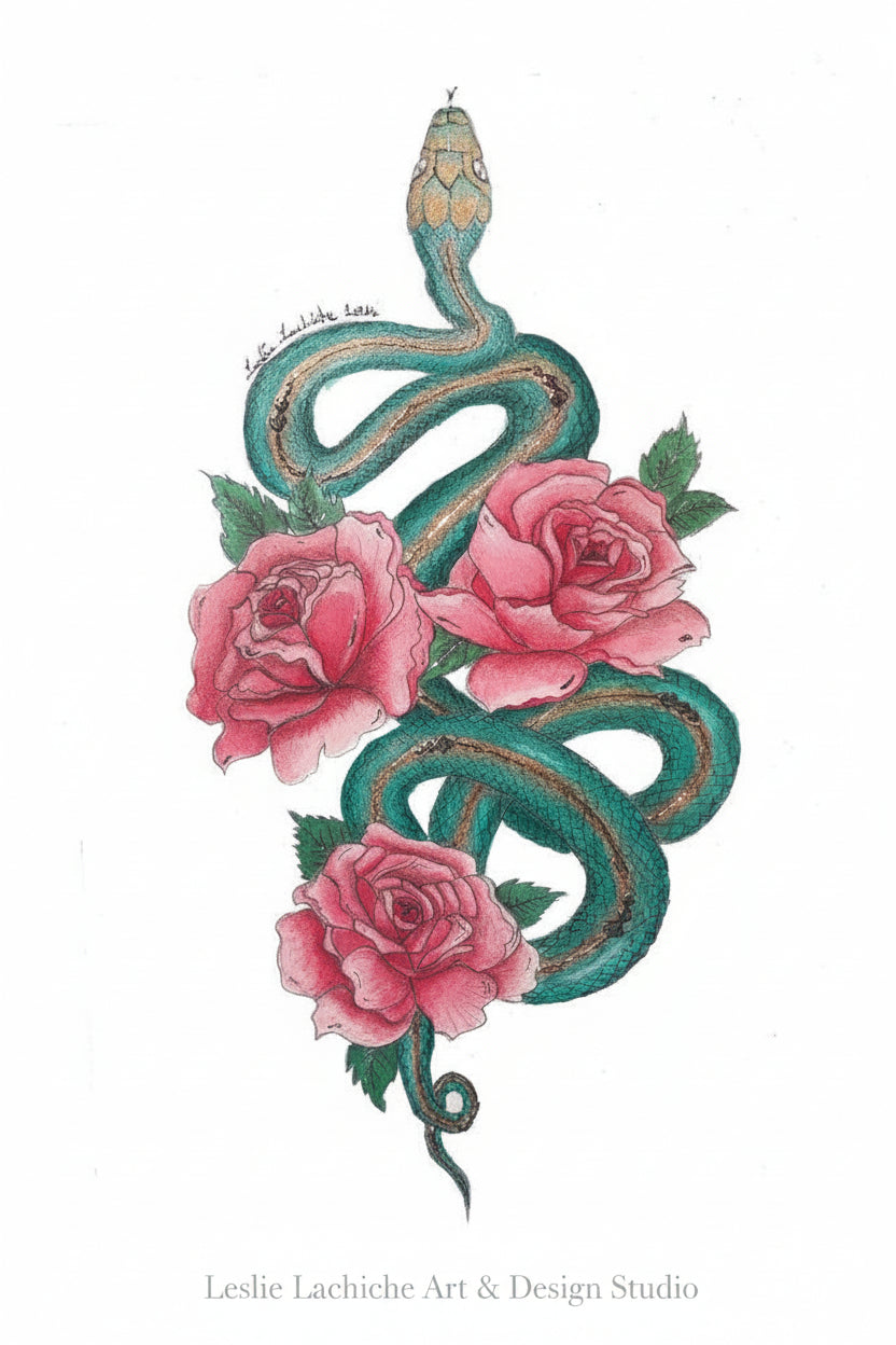 Decorative design of a snake coiled around pink roses on a white background