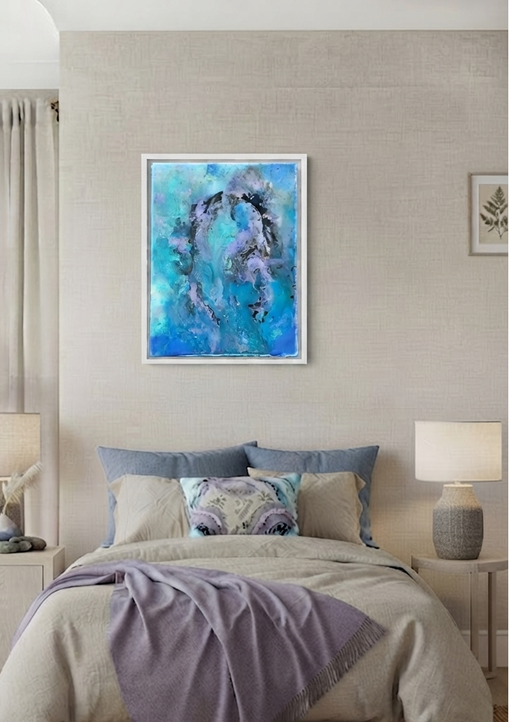 Modern bedroom with a bed, nightstands, and abstract art on the wall.